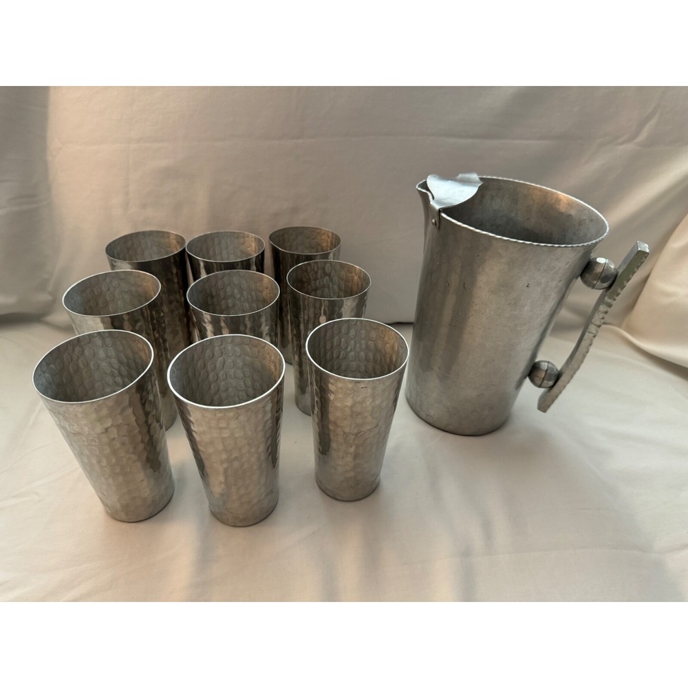 Hand Forged Everlast Metal Pitcher with Ice Guard Spout, 9 matching glasses